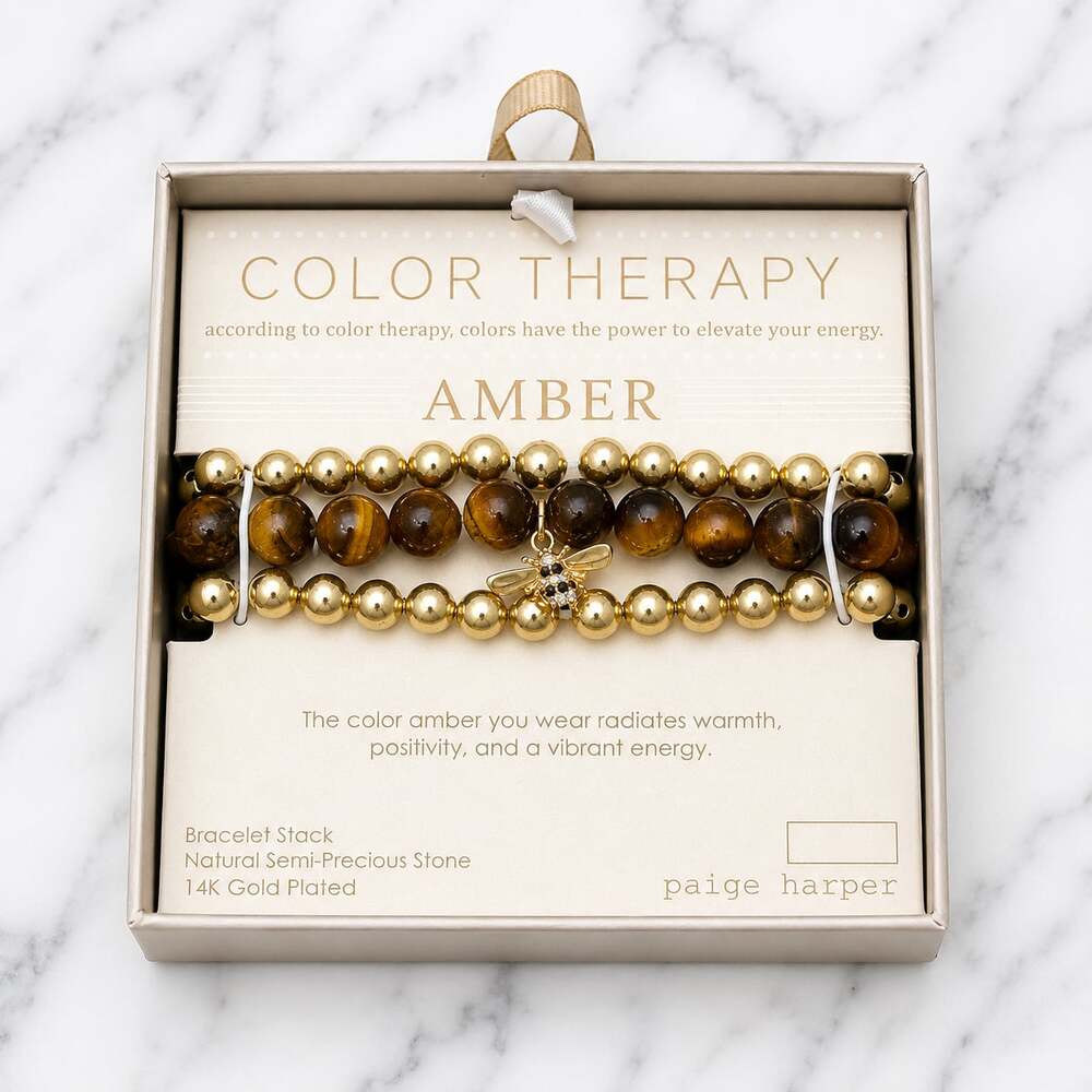 Paige Harper Color Therapy Amber Natural and 14K Gold Plated Bracelet Stack